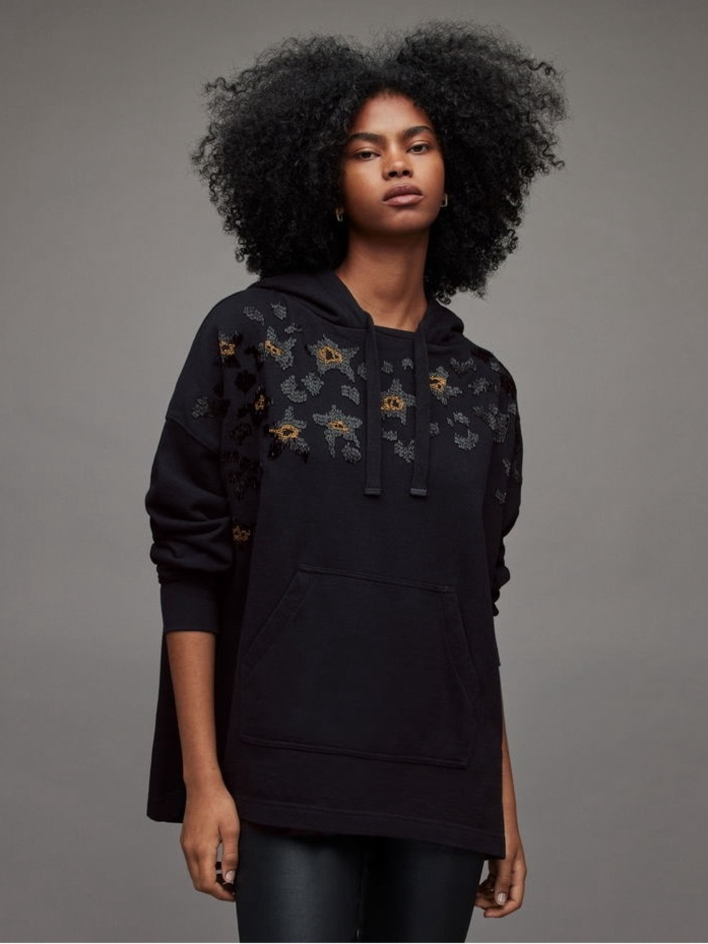 AllSaints Celia Etie Embellished Beaded Black Oversized Hoodie Small